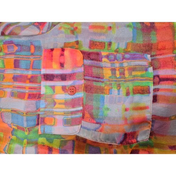 Vintage 2000s Y2K Neon Orange Geometric Semi Sheer Blouse - Picture 13 of 14